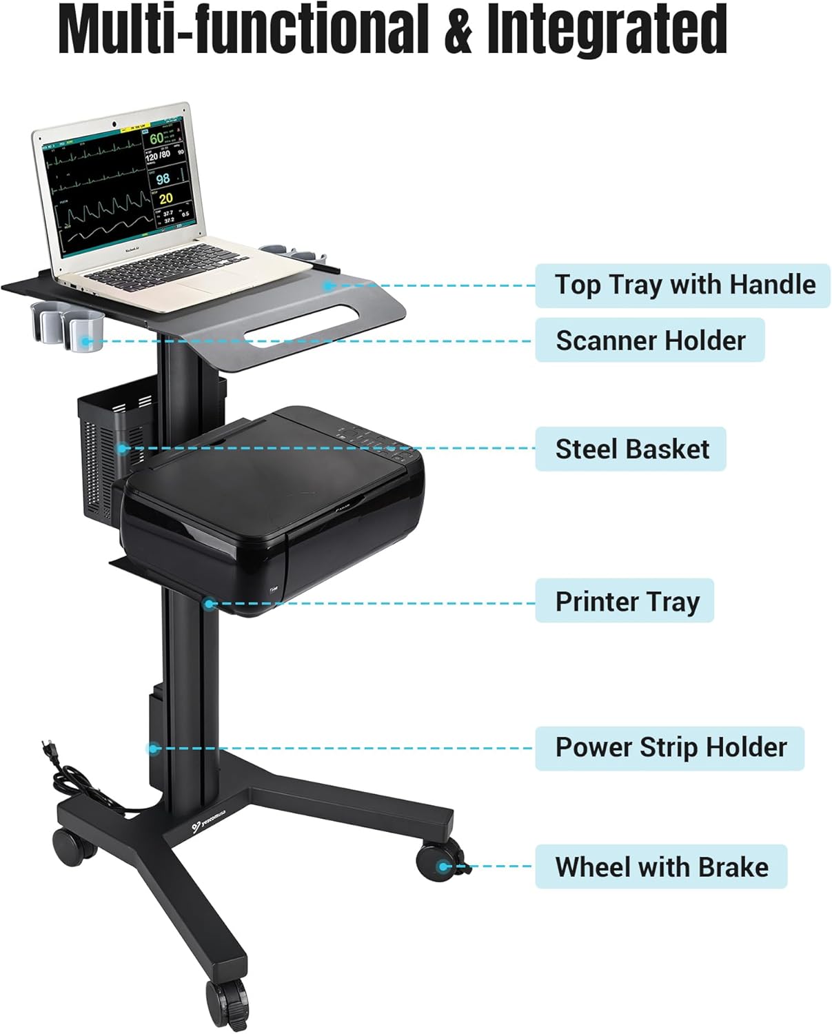 AW Mobile Laptop Cart Medical Rolling PC Stand Computer Workstation on Wheels with Handle 220 Lbs Capacity CPU Printer Power Strip Holder for Lap School Office Salon Spa Dental