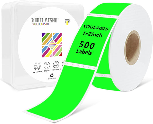 1x2 inch Label Stickers Roll for Thermal Printer 500PCS Colored Removable Freezer Labels Waterproof Blank Sticker Labels to Write on for Food Containers and Jars, Fluorescent Green