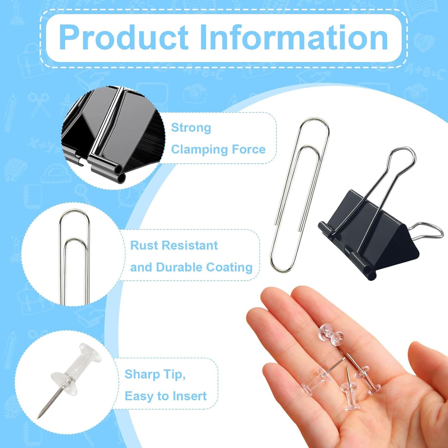 Paper Clips and Binder Clips Office Supplies Paperclips Assorted Sizes, 240 PCS Black Office Clips Paperclips and Binder Clips Set, Small Binder Clip Cute Binder Clip Push Pin Paper Clamp Thumb Tack