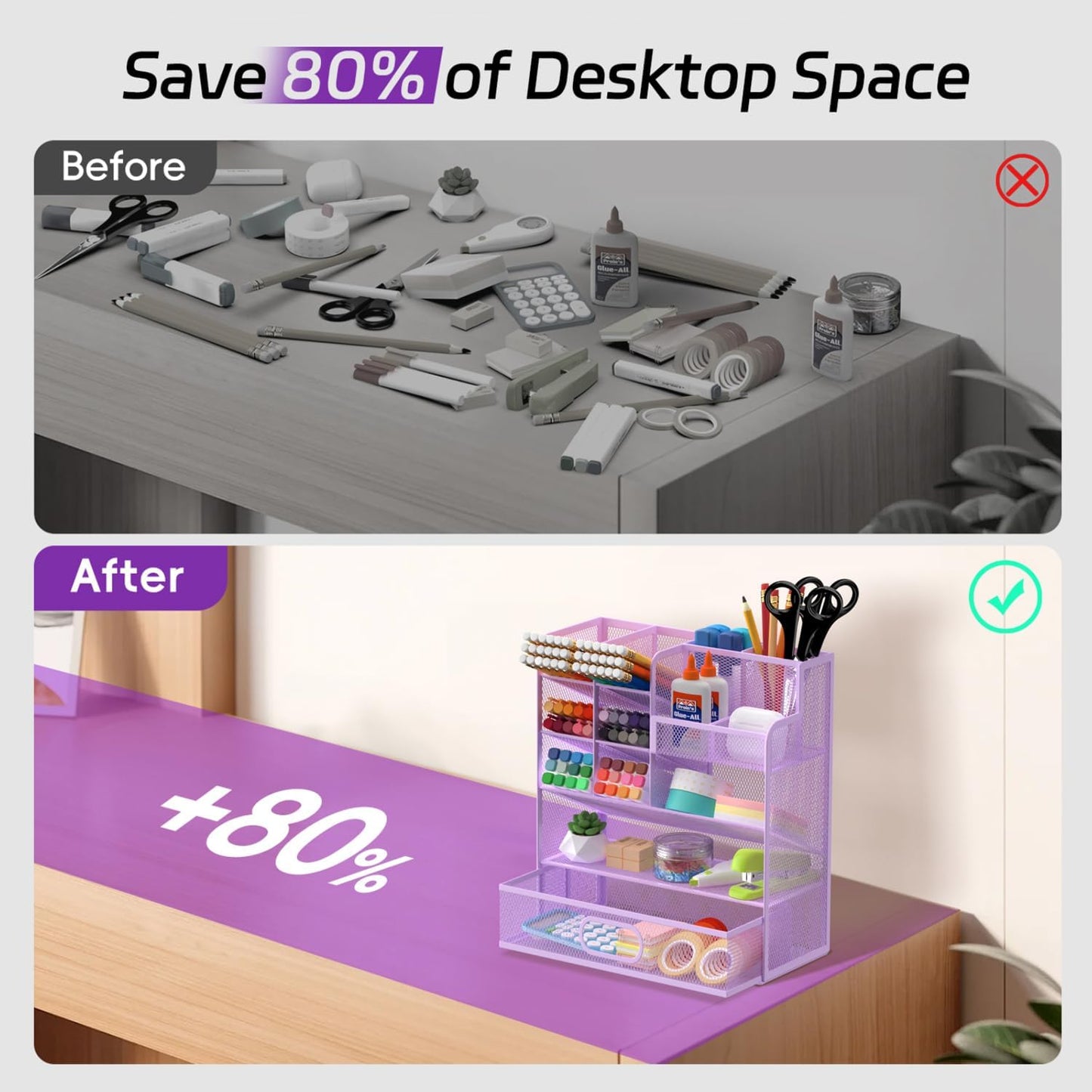 Mesh Pen Organizer for Desk, Multi-Functional Pencil Holder with Drawer Desk Organizers, Large Capacity Storage for School Office Home Supplies (Purple)