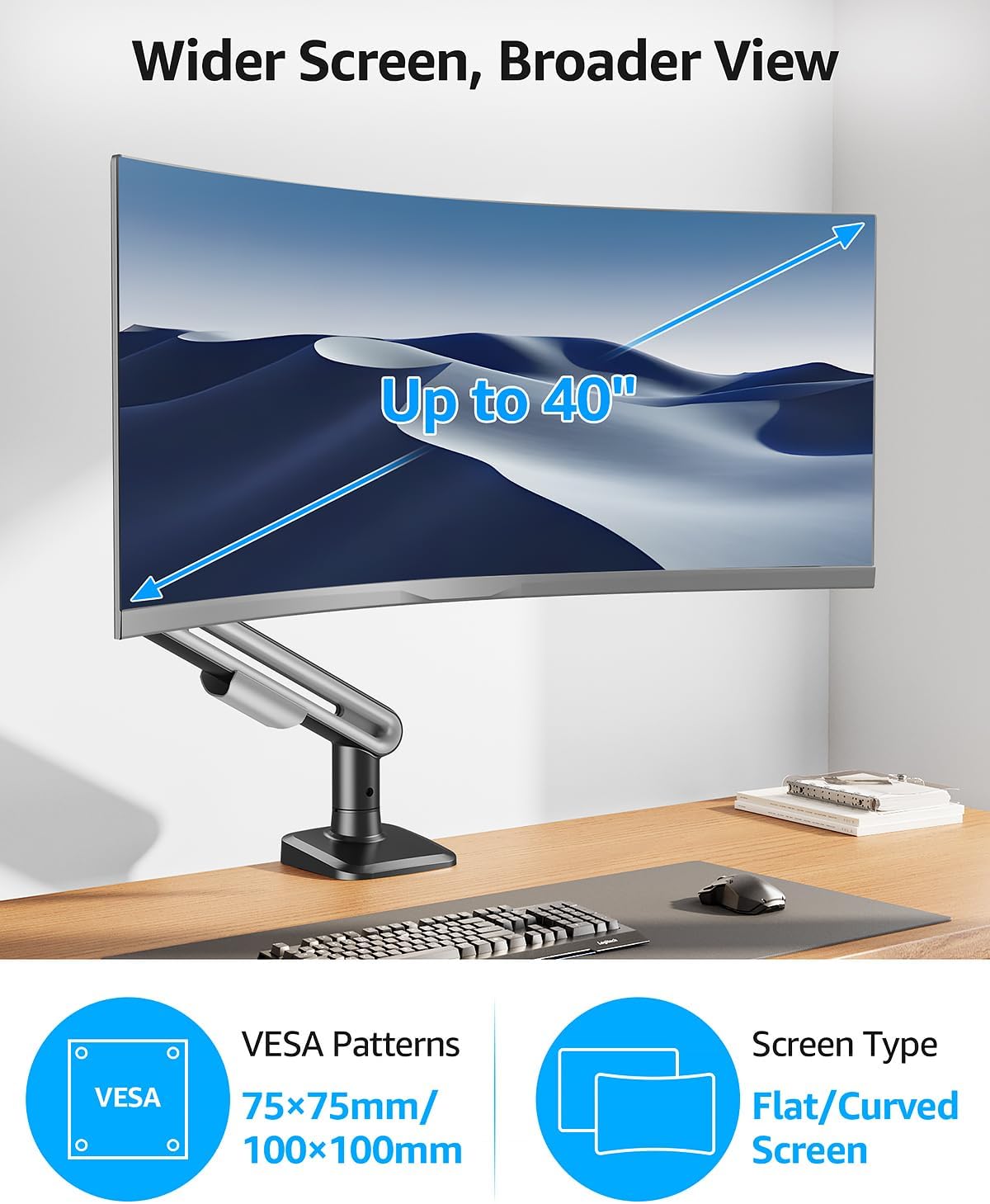 MOUNTUP Single Monitor Desk Mount for 4.4-26.5lbs, Heavy Duty Monitor Arm for 39 37 34 32 27inch, Full-Motion Monitors Stand, Height Adjustable Gas Spring Monitors Arm with C-Clamp＆Grommet Base