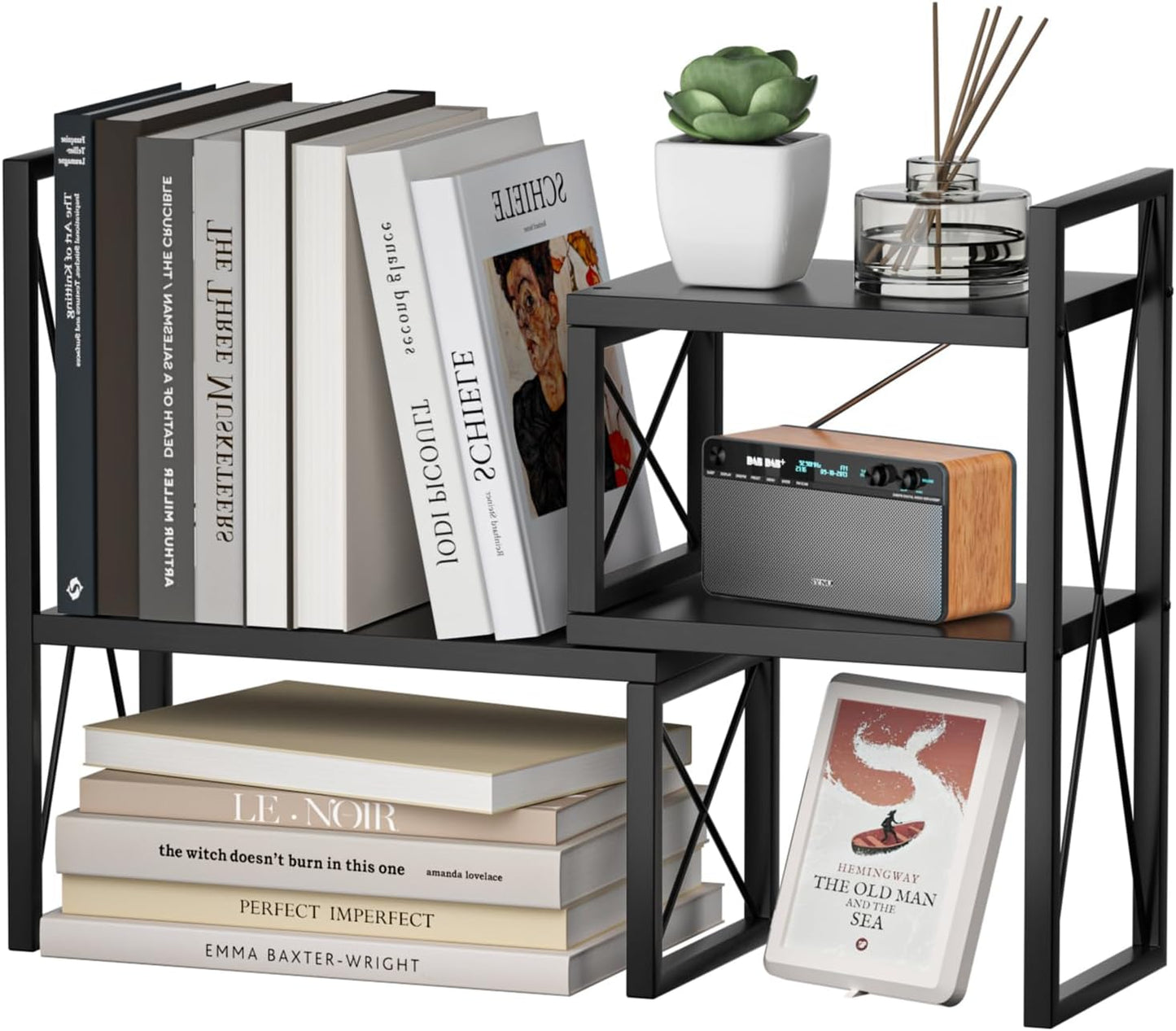 Desktop Shelf Organizer,Small Bookshelf for Office,Wood Desk Top Shelves, Office Organization and Storage (Black)