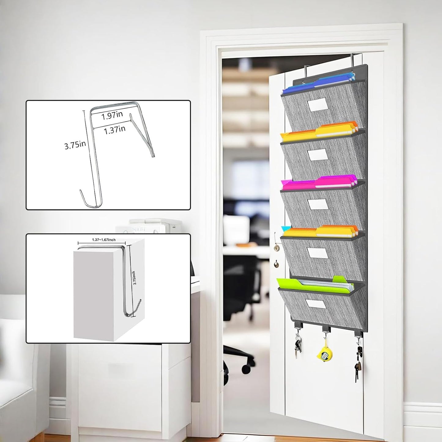 homyfort Over the Door File Organizer, Hanging File Folders, Wall Organizers and Storage for Mail, Magazine, Notebooks, Planners, Office, Classroom, 5 Extra Large Pockets, 50.39” Tall (Grey)