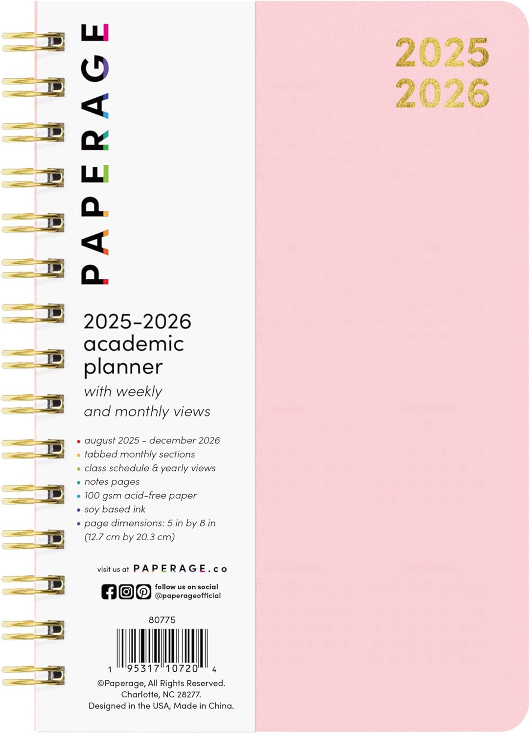 PAPERAGE 17 Month Academic Planner 2025-2026, Weekly & Monthly Spreads, August 2025 - December 2026, Small (5 in x 8 in), Blush