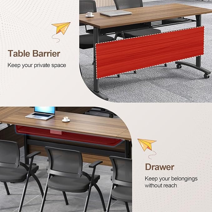 Folding Conference Room Table, Modern Conference Tables with Wheels, Large Rectangular Mobile Training Tables for Office Classroom, Foldable Modular Boardroom Seminar Table Walnut (2pack L47.2in)