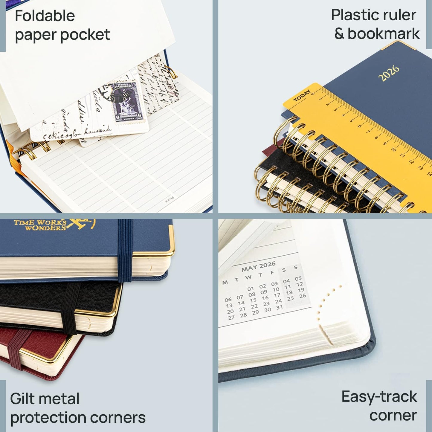 POPRUN 2026 Planner (Pocket Size 4''x 6.25'' Wire-Bond Hard Cover) Calendar Weekly and Monthly (Jan.2026-Dec.2026) Small Planner with Hourly Time Slots, for Purse, 100 GSM - Navy Blue