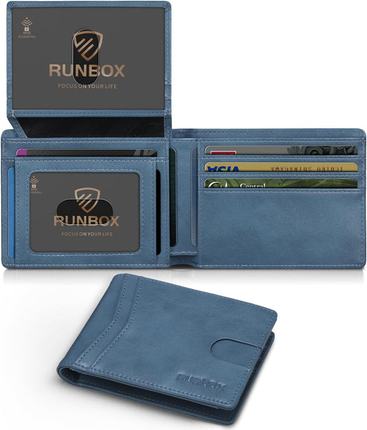 RUNBOX Wallet for Men Slim Rfid Leather 2 ID Window With Gift Box