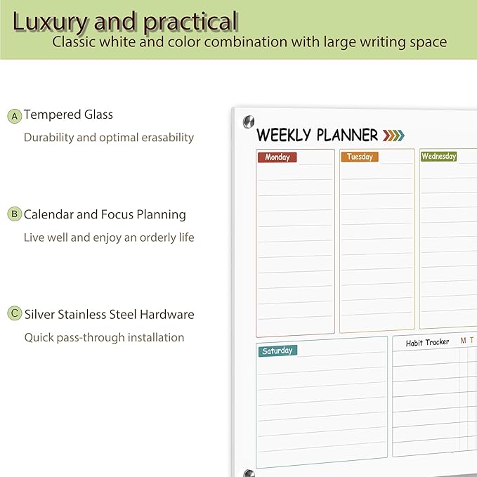 Glass Colorful Weekly Dry Erase Board for Wall,Weekly Planner Whiteboard for Wall 24"x18",Frameless Mounting,Medium Weekly Wall Calendar Dry Erase for Office/School/Home