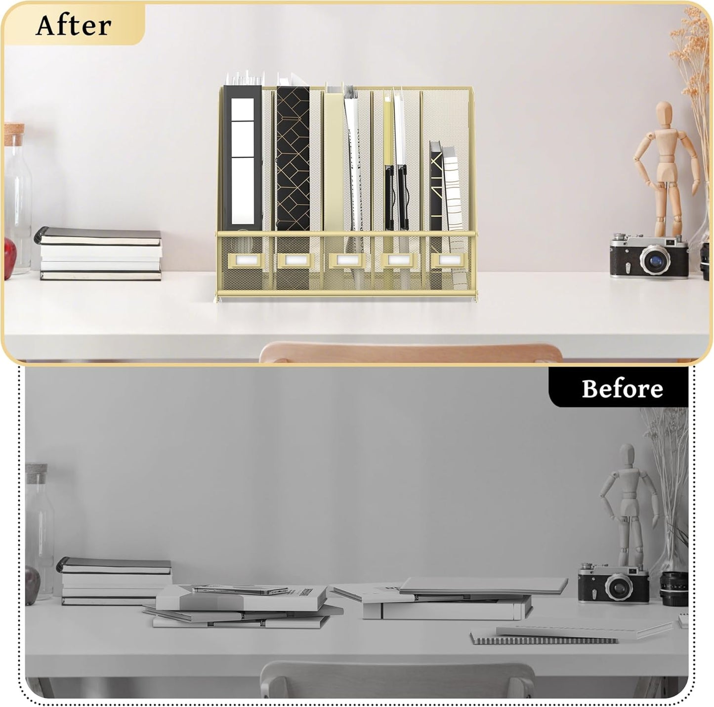 SUPEASY Desk Organizers Metal Desk Magazine File Holder with 5 Vertical Compartments Rack File Organizer for Office Desktop, Home Workspace, Golden Yellow, Plus