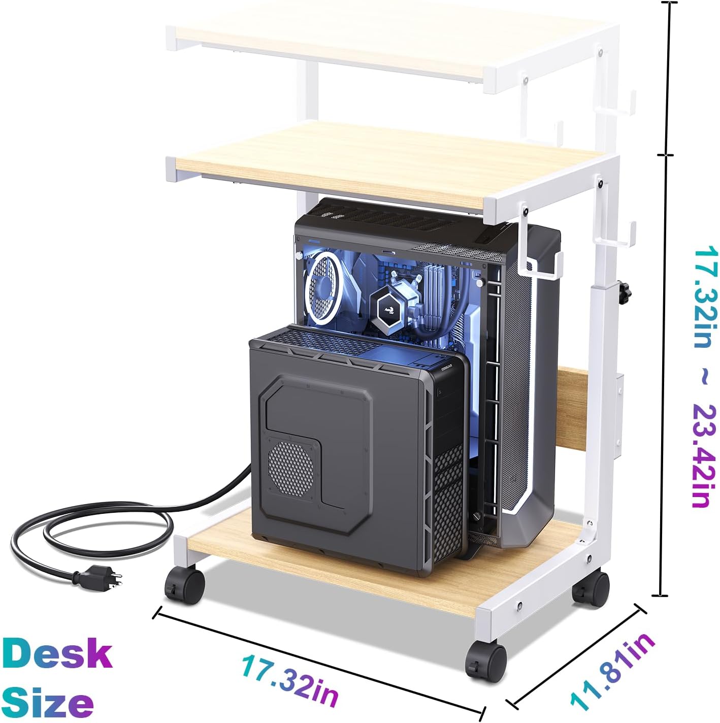 Computer Tower Stand with Charge Station and USB Charging Port - Height Adjustable PC Tower Stand, Under Desk CPU Holder Cart with Locking Caster Wheels for Fits Most PC