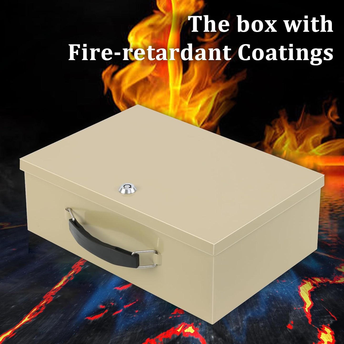 Dalmbox Portable Fire Safe Box with Key Lock, 13.2”x 11”x 5.1'', Fire Resistant Metal Storage Box, Lock Box for Documents, Safety Deposit Box for Home, Outside, Car, X Large, Sand