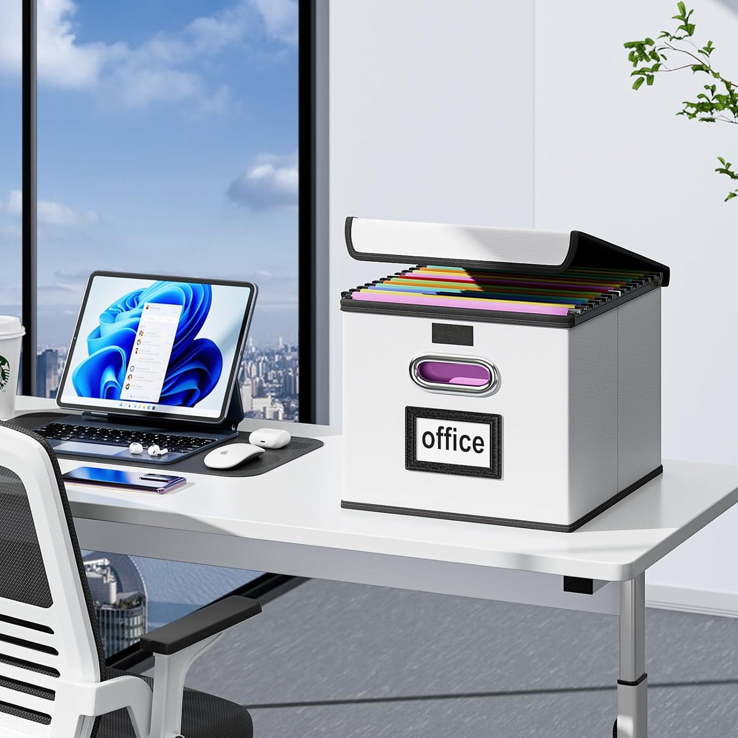 Huolewa File Organizer Box with Lid, Collapsible Faux Leather Hanging File Folder Box Organizer with Plastic Slides, Decorative Home/Office Filing System Boxes for File and Folders Storage