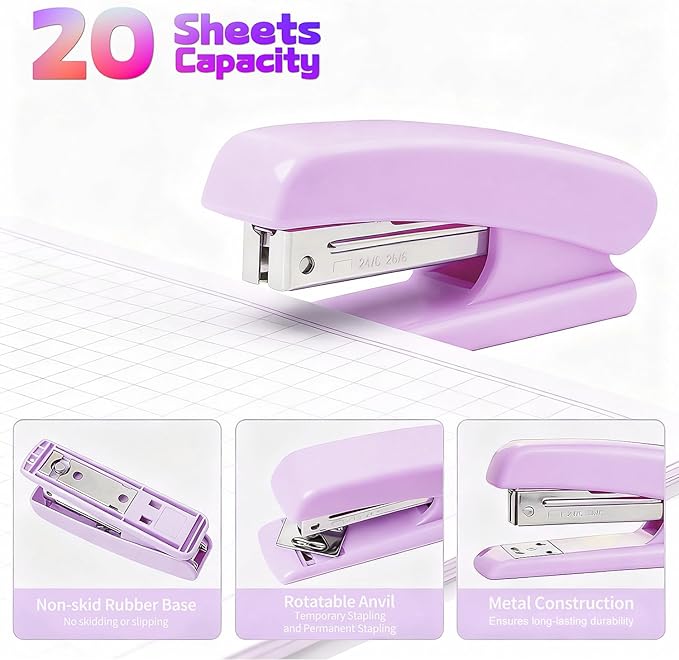 11pcs Desk Supplies Office Accessories for Women Clerks, Desk Accessories Colleagues, Purple Office Supplies with Stapler, Tape Holder, Scissors, Ruler, Staple Remover, Clips Set for School & Home