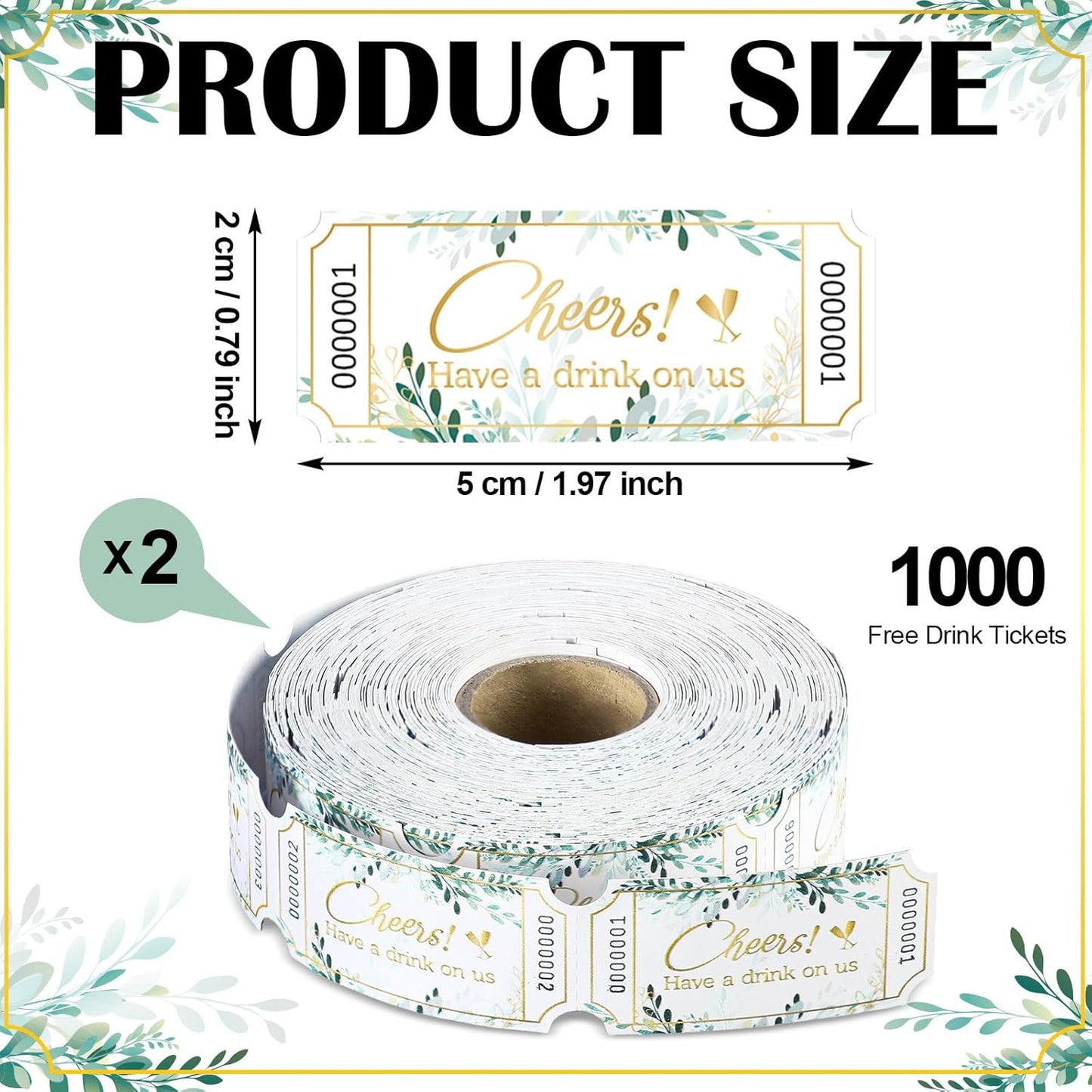 TaoBary 2 Rolls 1000 Pcs Free Drink Ticket Roll Raffle Party Tickets for Events Wedding and Parties(Greenery)