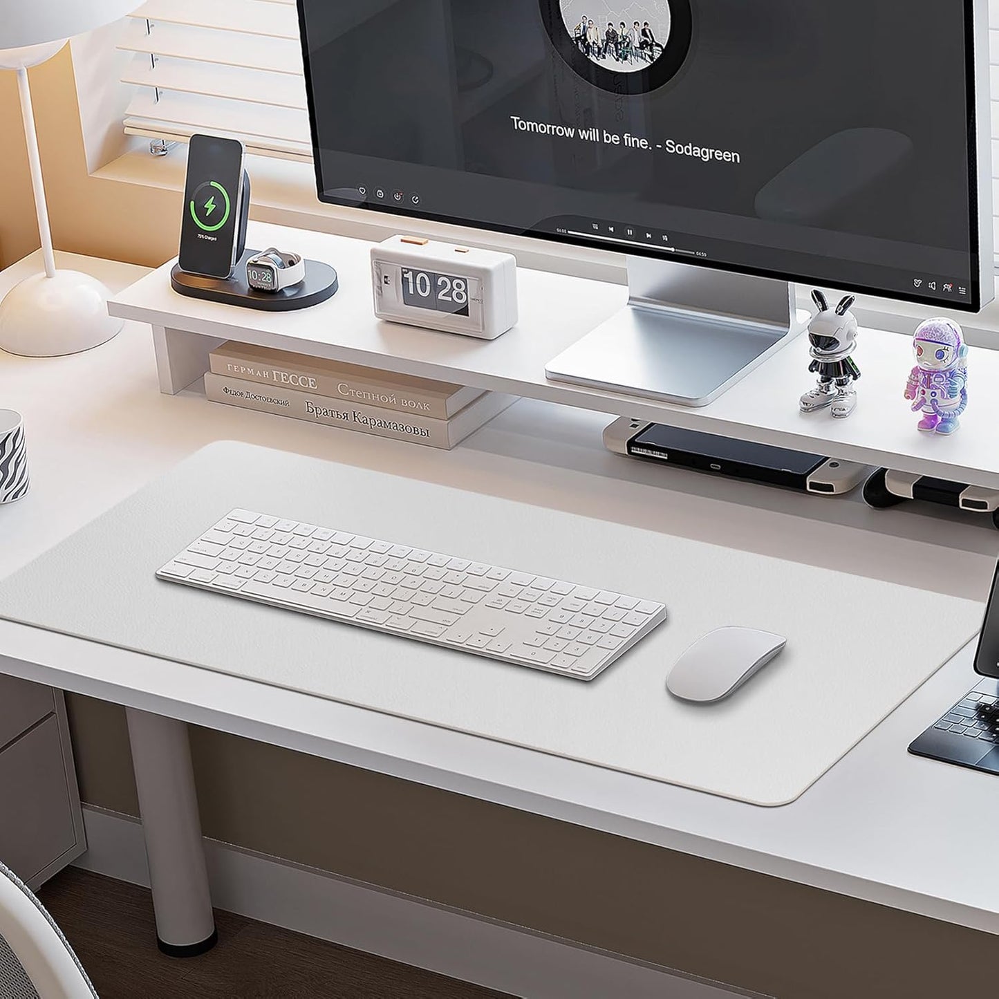 Boutilon Leather Desk Pad Protector,Non-Slip Mouse Pad,Laptop Desk Pad,Office Mouse Mat,Waterproof Leather Desk Blotter,Desk Writing Pad for Office and Home (S-White,24"x 14")