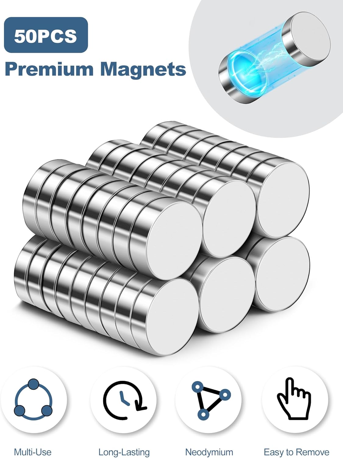SMARTAKE 50 Pcs Rare Earth Magnets, Multi-Use Premium Neodymium Fridge Magnets, for Refrigerator, Office, Whiteboard, Crafts, DIY Hobbies, Kitchen, Science, Billboard, 10x2.3mm (Silver)