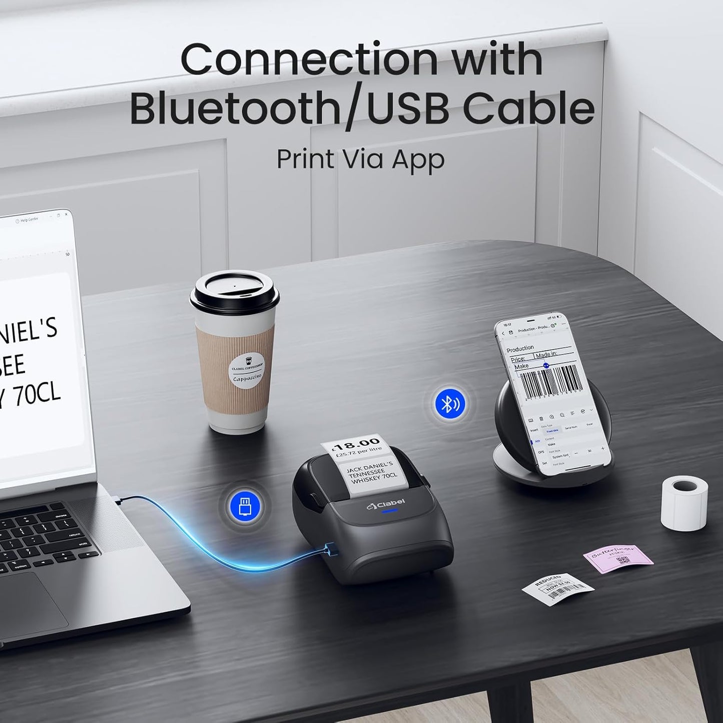 CLABEL Label Maker Machine with Tape: 221B Inkless Label Printer 2 Inch Portable Bluetooth Handheld Sticker Barcode Thermal Printer Compatible with Phone & PC for Small Business Retail School Office