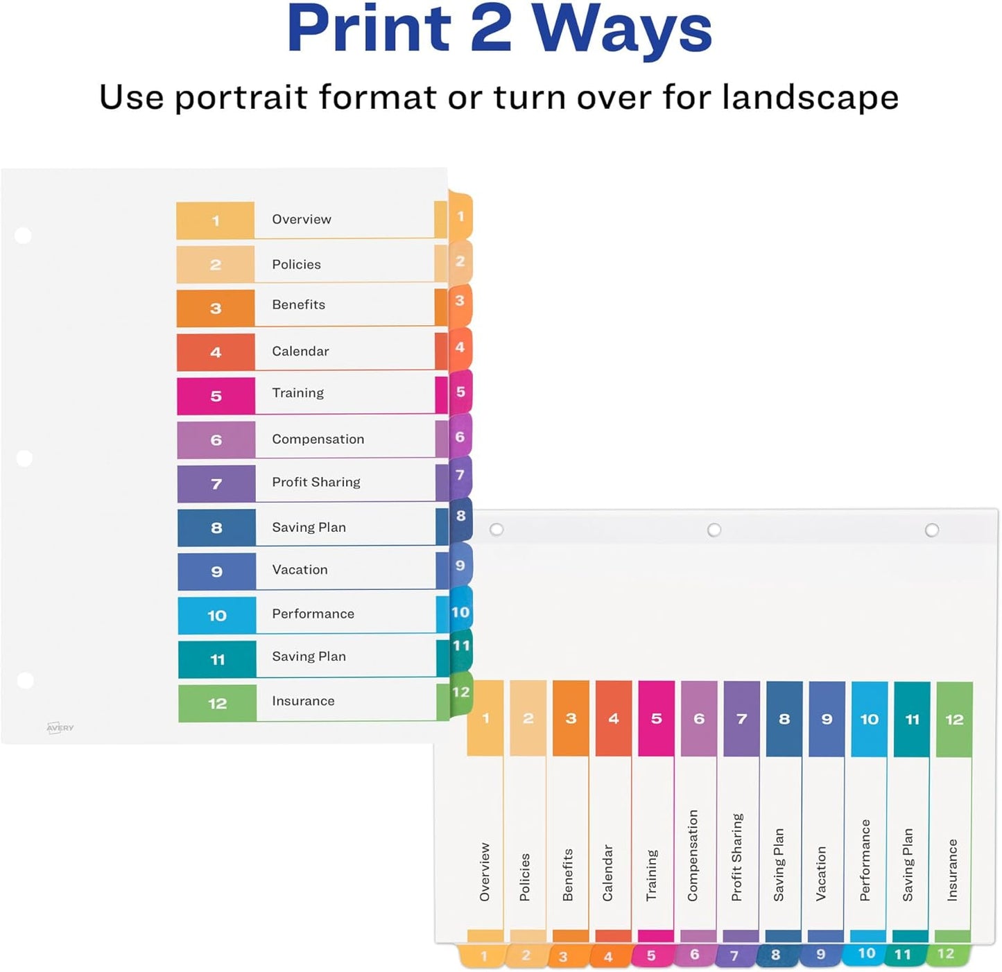 Avery Dividers for 3 Ring Binders, 12 Tabs per Set, Customizable Table of Contents, Multicolor Tabs, Great for Organizing Reports, Projects, and More (11141)