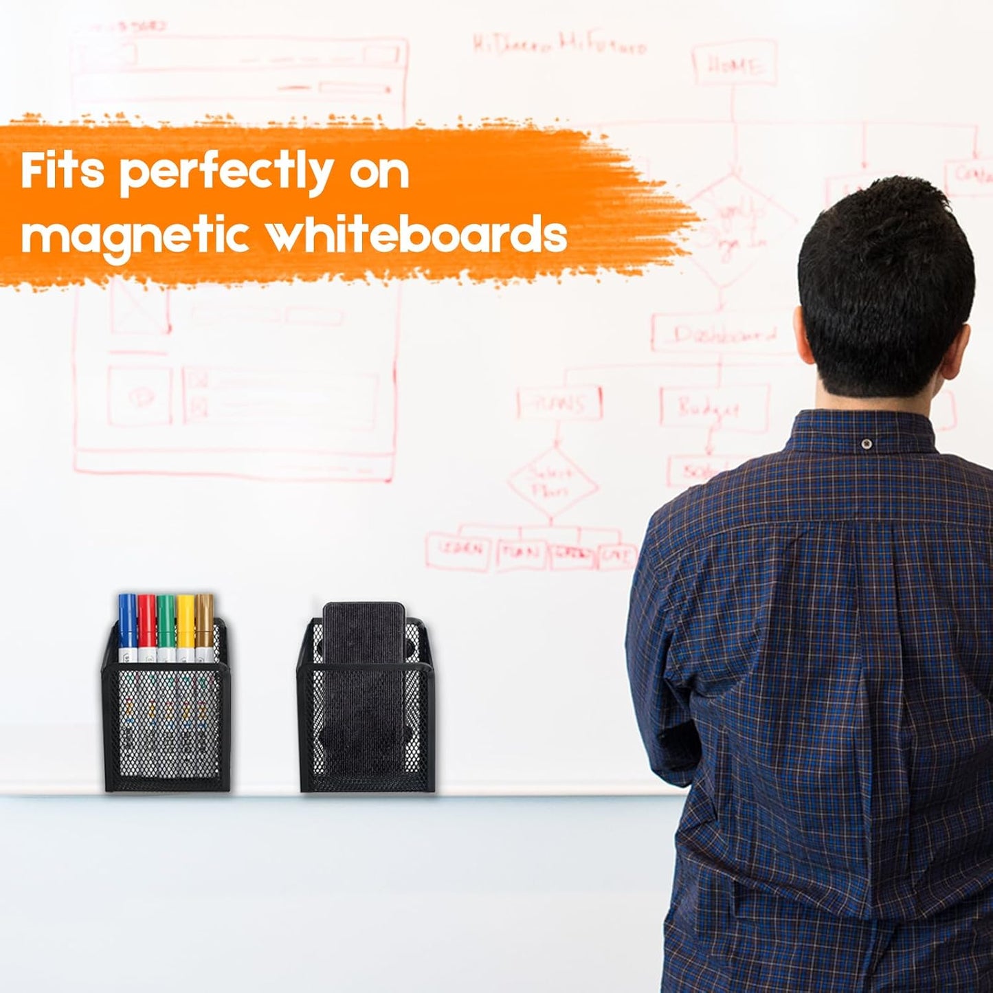 Magnetic Pencil Holder - Extra Strong Magnets Mesh Marker Holder Perfect for Whiteboard, Refrigerator and Locker Accessories (1 Basket, 2 Packs Black)