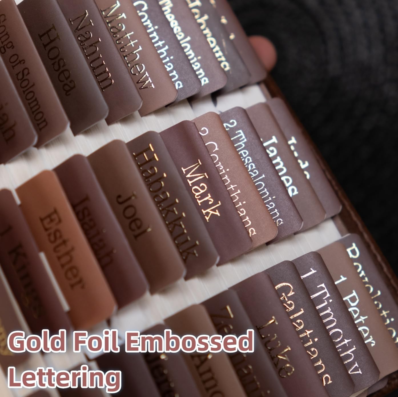 UPAFEXXI-Laminated Bible Tabs for Women and Men (Gold Foil Embossed Lettering) Reposition Large Print tabs, Easy to Read and Apply, 80 Bible Chapters Labels for Easy Navigation(Brown)