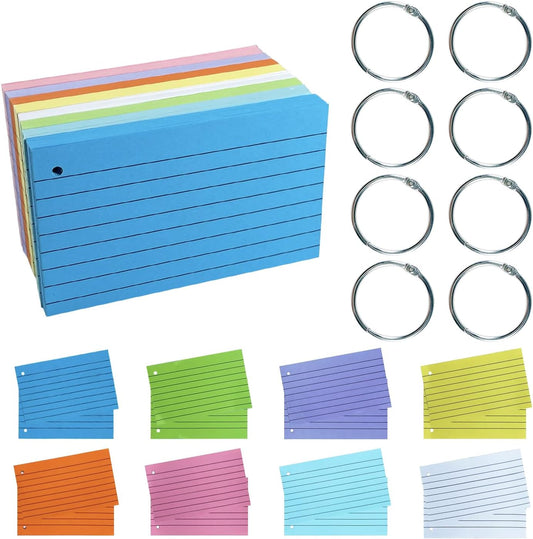 TFLFL Index Cards 3x5 Inch, 600PCS Flash Cards with Rings 8 Colors Ruled Index Cards, Assorted Lined Colored Flashcards, Thin Note Cards Paper, Study Card Memo Scratch Pad for Home Office School