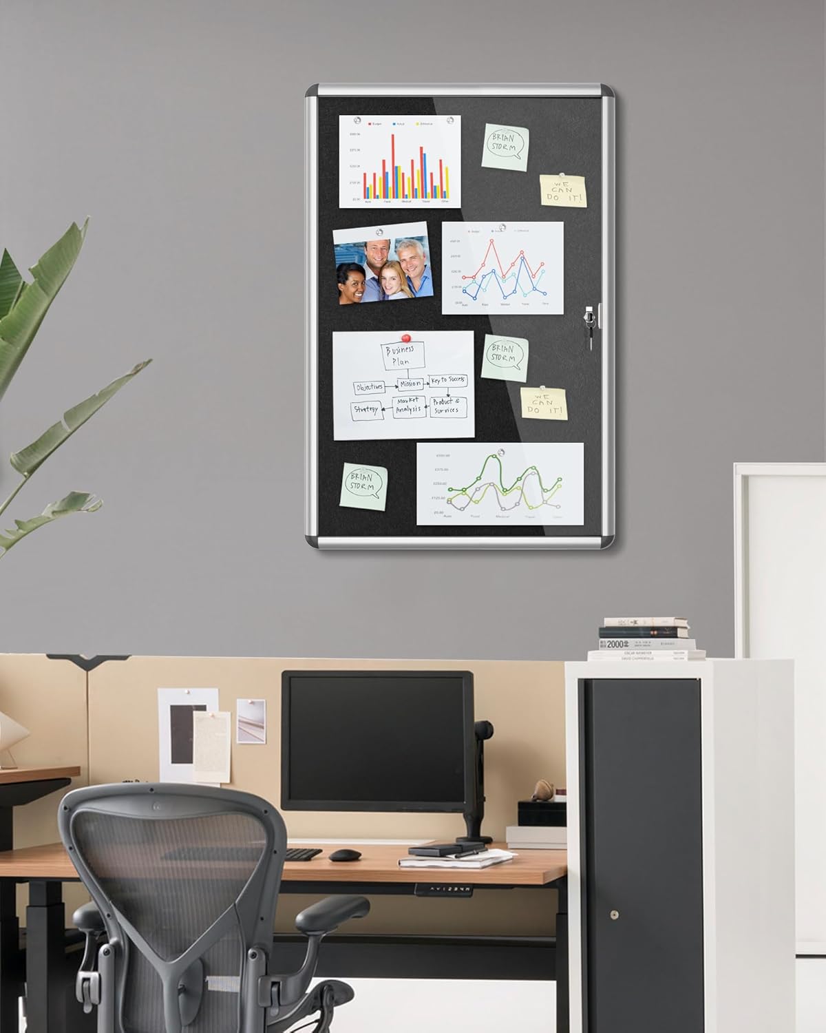36"x24" Enclosed Bulletin Board, Lockable Weather-Resistant Aluminum Cork Noticeboard for School & Office, Silver Frame w/Black Flet