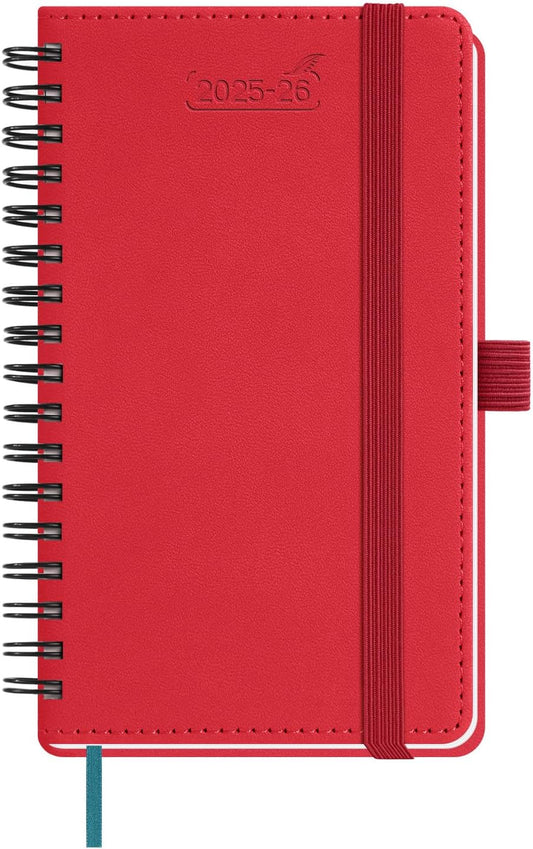 BEZEND Pocket Planner 2025-2026 Weekly and Monthly, 3.5" x 6" Academic Planner (Jul 25-Dec 26) 18-Month Mid-Year Calendar Book, Storage Pocket, Pen Holder, PU Leather Softcover, Spiral - Red