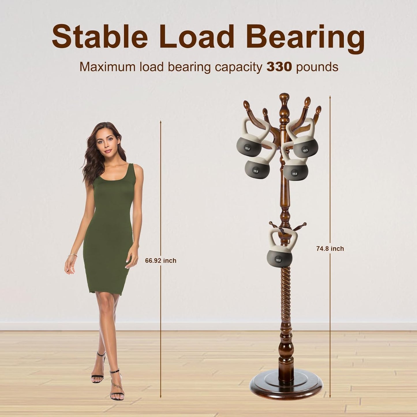 Solid Wood Coat Stand, Freestanding with Stable Base, 70" Birch Coat Tree Organizer for Home, Bedroom, Office, Hallway & Entryway with 11 Hooks