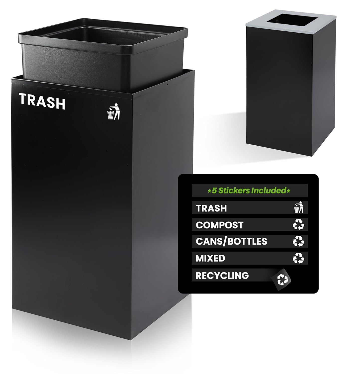 Alpine Commercial Indoor Recycle Bin - 29 Gallon Modern Looking Black Recycle Bin, Office Recycling Bins, Metal Trash and Recycling Container with Stickers & 3 Optional Lids (lid Sold Separately)