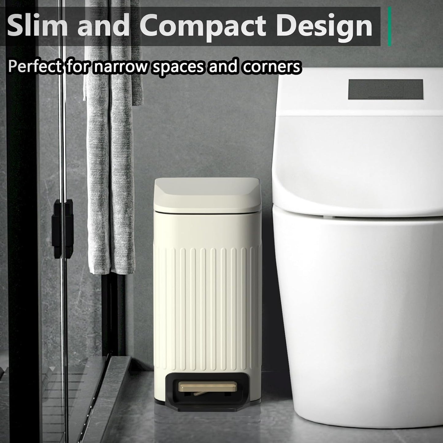 Small Bathroom Trash Can with Lid Soft Close-6L/1.6 Gal Slim Step Garbage Can-Metal Pedal Wastebasket-Narrow Rectangle Garbage Container Bin for Corner Office, Bedroom, Toilet, Live Room-Beige