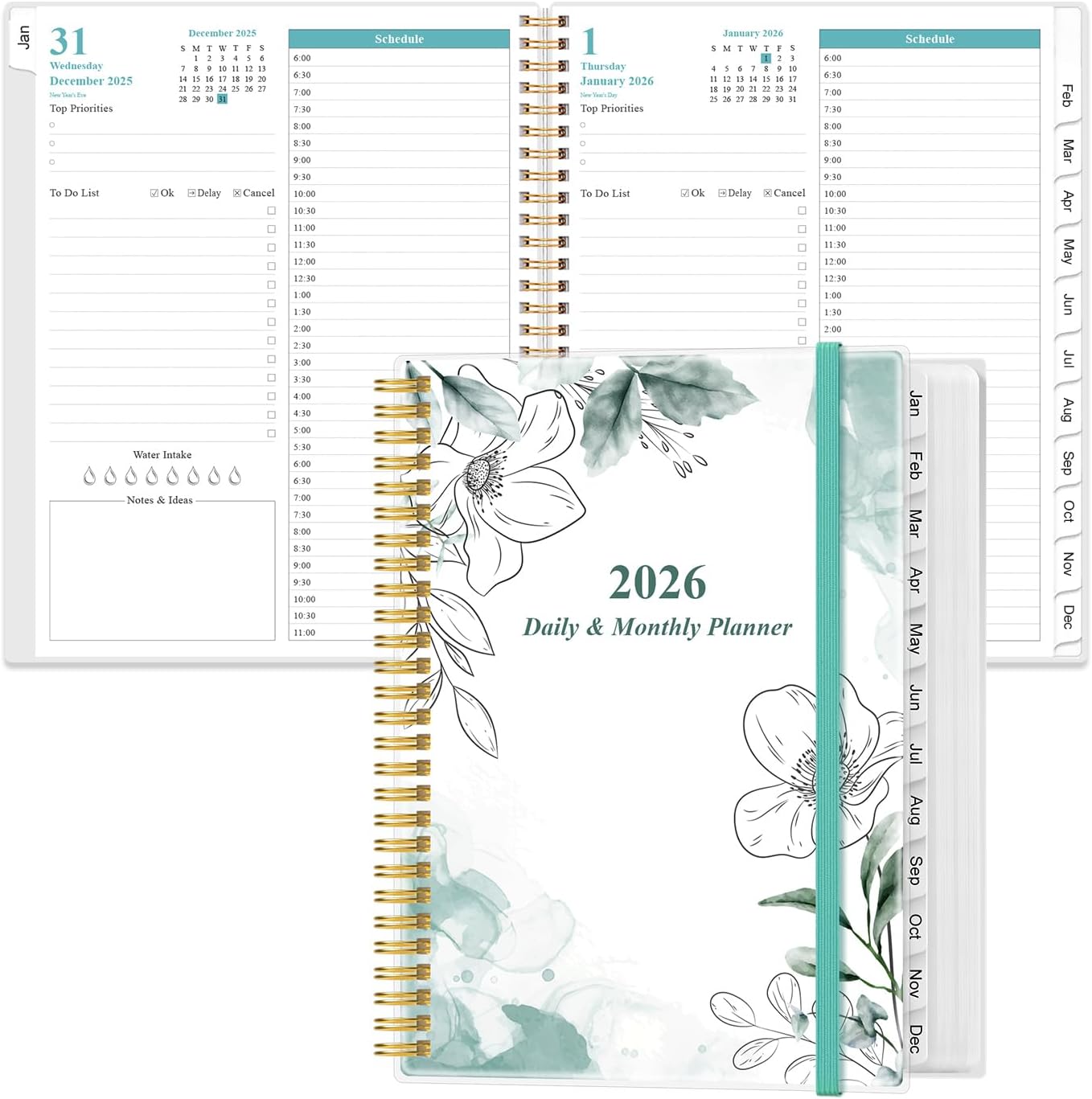 2026 Daily & Monthly Planner - One Page Per Day, Daily Planner from January 2026 - December 2026, Planner 2026 with 12 Monthly Tabs, 8.5" x 11", Teal Flower