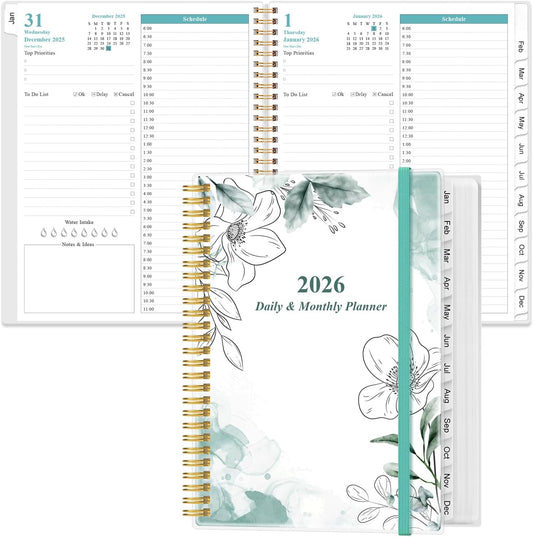 2026 Daily & Monthly Planner - One Page Per Day, Daily Planner from January 2026 - December 2026, Planner 2026 with 12 Monthly Tabs, 8.5" x 11", Teal Flower