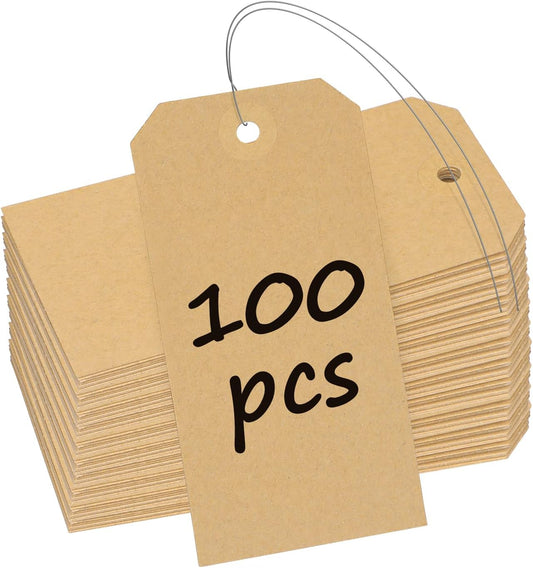 Uniclife 100 Pcs Blank Shipping Tags with Wire Attached 4.7 Inch Writable Brown Kraft Paper Tags Hang Tags with Reinforced Eyelet Large Marking Tags Price Tags Inventory Label Tags, 4.7" L x 2.36" W
