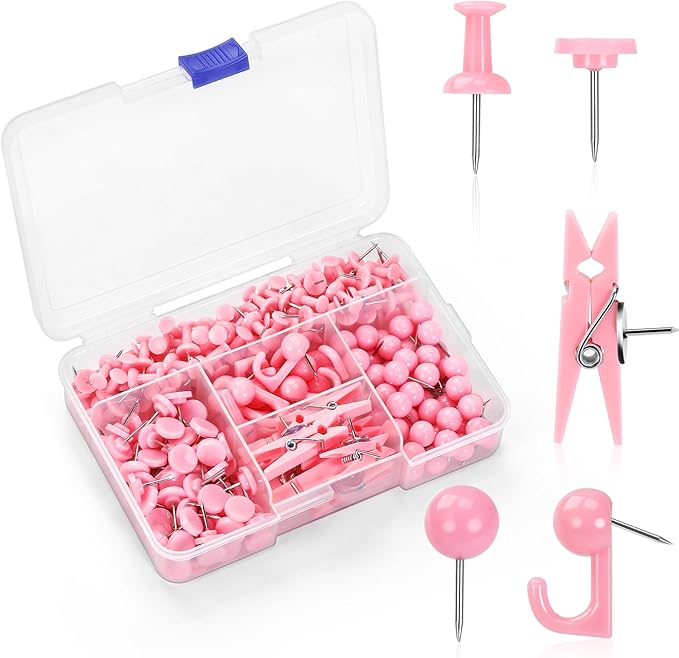 275pcs Pink Push Pins,5 Style Thumb Tacks, Decorative Push Pins, Cute Thumb Tacks for Bulletin Boards, Wall, Maps, Cork Board, Pink Office Supplies, Office Decor