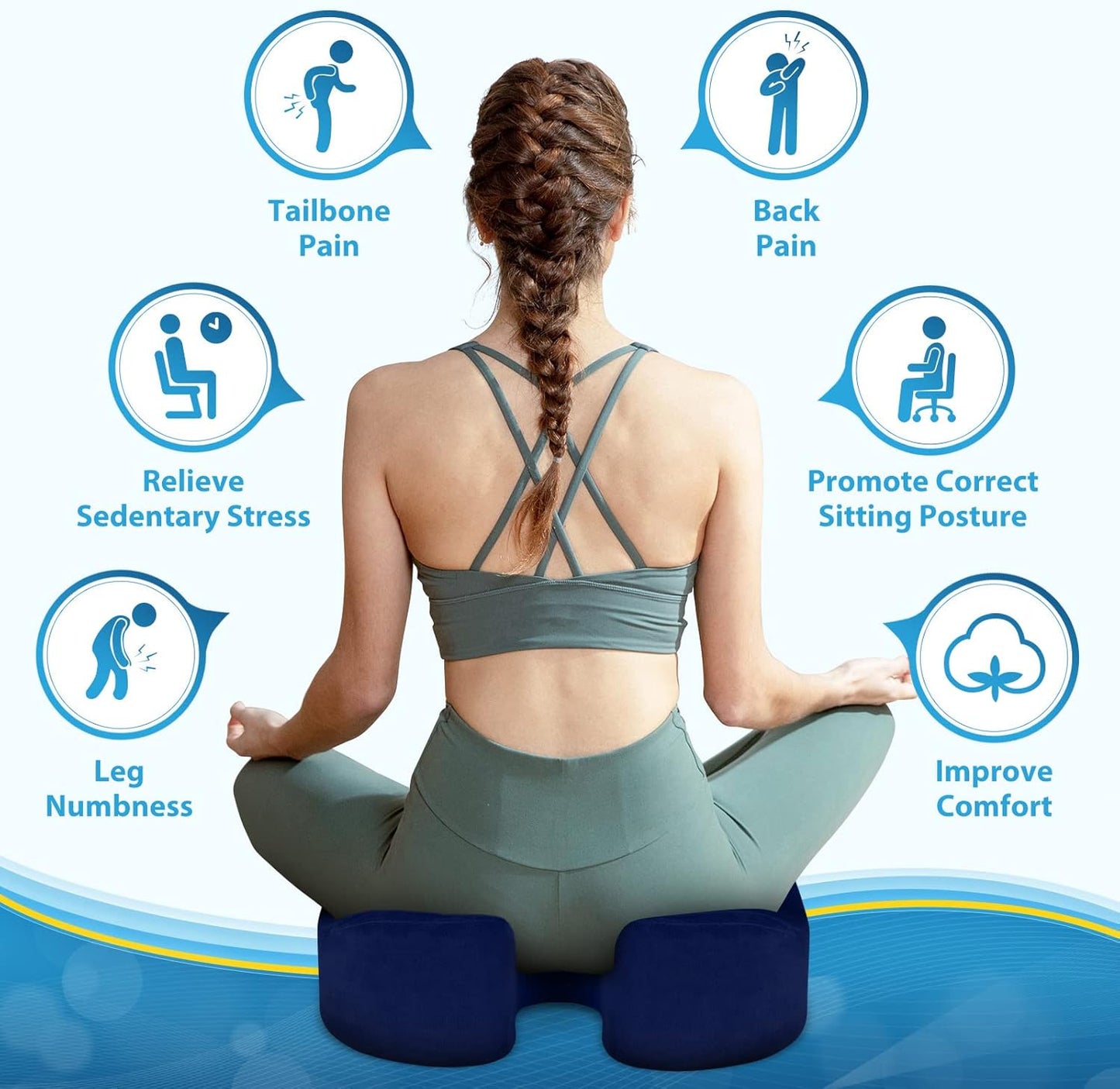 BlissTrends Seat Cushion,5.2in Thick Memory Foam Cushions for Office Chair, Car Seat, Airplane, Relieving Pressure Tailbone Sciatica Back Pain for Long Sitting Office Workers, Car Drivers Blue