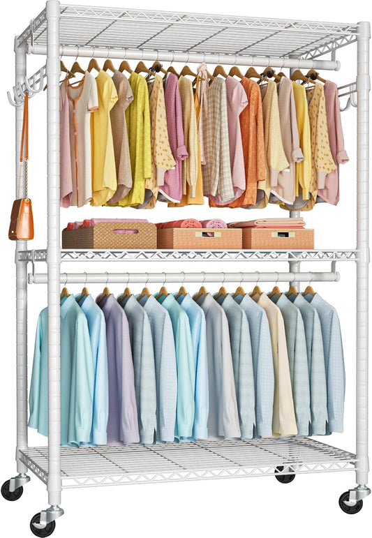 P1 Plus Rolling Clothes Rack, 22mm Diameter Heavy Duty Garment Rack with Wheels, Portable Closet Wardrobe with Double Rods, 45" W x 17.7" D x 80.5" H, Max Load 524 LBS, White