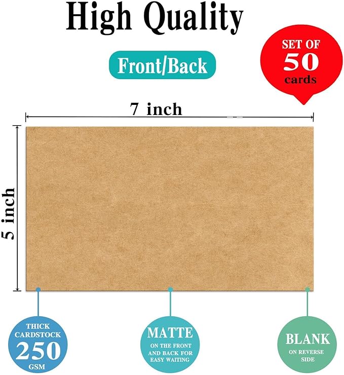 5x7 Blank Kraft Cardstock Paper (Set of 50) Thick Paper - 80lb Flat Cards Stock Printer Paper for Make Your Own DIY Invitations, Note, Greeting, Table Cards - Writing, Stamping, Painting, Drawing