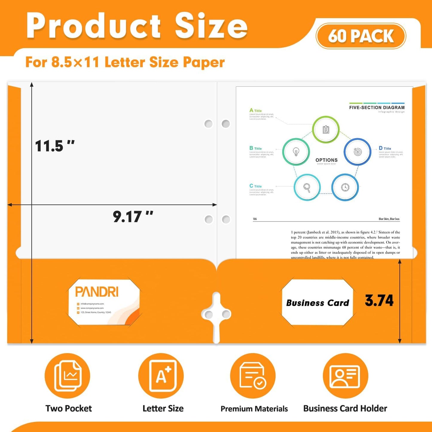 Two Pocket Portfolio Folders, PANDRI 60 Pack 3 Hole Punched 2 Pocket Folders for 3 Ring Binder, Letter Size Paper File Folder for School Office Home Business, Orange