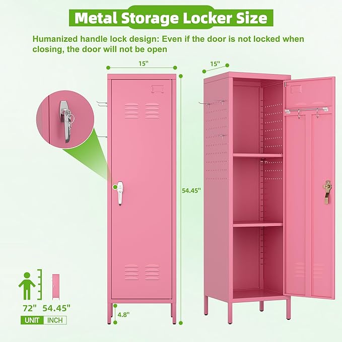Aobabo Metal 54" H Metal Storage Locker for Employees, Lockable 1 Door with Towel Rack and 2 Side Pegboards with Hooks for School Office Gym Home, Assembly Required (Pink)
