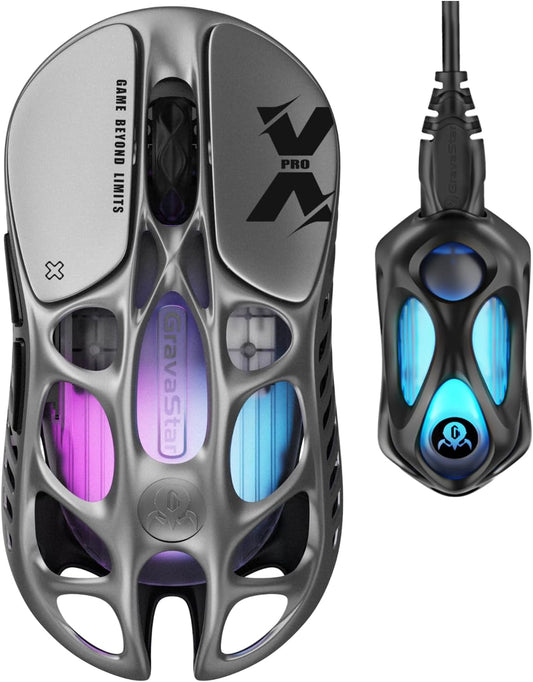 GravaStar Mercury X Pro Wireless Gaming Mouse, Come with 8K Dongle – 32,000 DPI PAW 3950 Sensor, 8,000Hz Polling Rate, Only 49g, Magnesium Alloy Hollow Frame, RGB Lighting, 5 Programmable Buttons