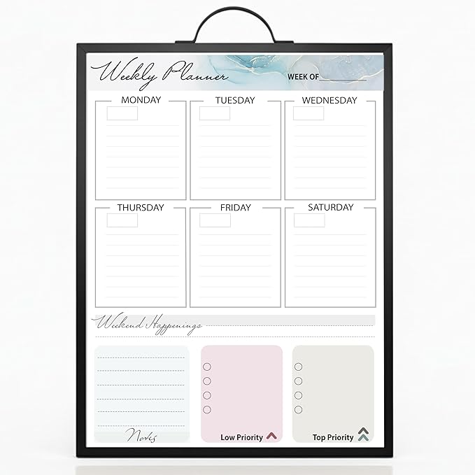 Small Whiteboard 12 x 16 Inch Magnetic Dry Erase Board with Handle | Black Aluminum Frame | Double-Sided Planner Board with Weekly & Monthly Sheets | 3 Markers, Eraser & 2 Magnets