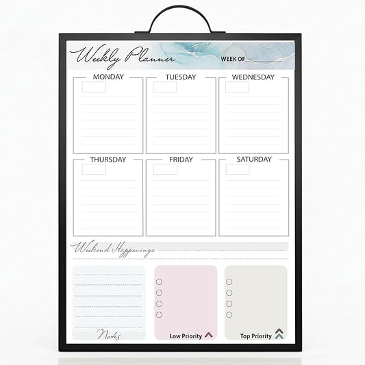 Small Whiteboard 12 x 16 Inch Magnetic Dry Erase Board with Handle | Black Aluminum Frame | Double-Sided Planner Board with Weekly & Monthly Sheets | 3 Markers, Eraser & 2 Magnets