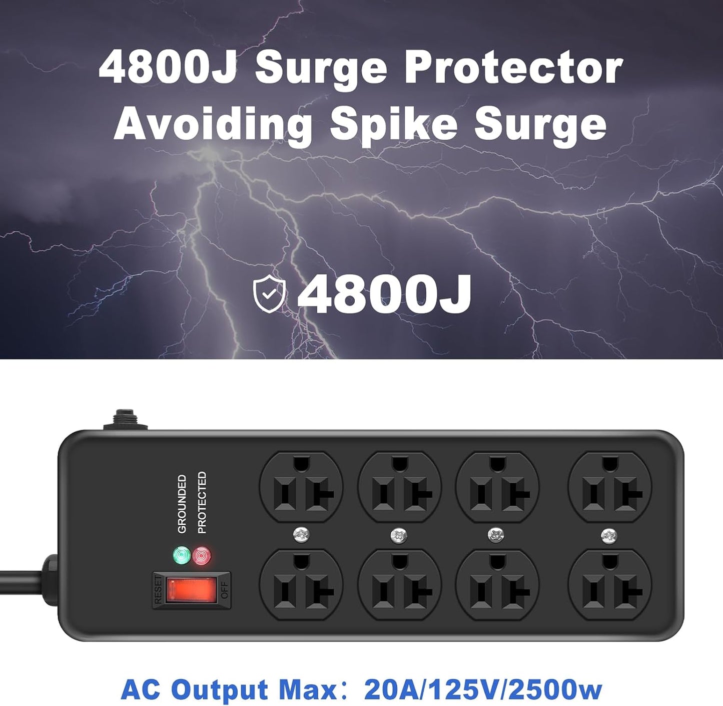 20Amp Power Strip Surge Protector, Durable Metal 8-Outlet with Heavy Duty 20 Amp 6Ft 12 Gauge Extension Cord, for Garage, Workshop & Industrial Use with 6-20R T-Slot Outlets, 4800J