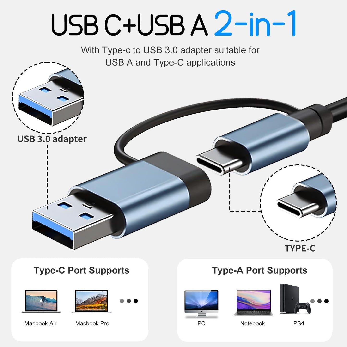 USB Hub 3.0,USB C hub,USB hub with USB C Multiport Adapter, USB Splitter with 1xUSB 3.0,4xUSB2.0,2 x USB C,USB c hub for MacBook Pro/PC/Laptop/Tablet Devices (Grey 7in1)