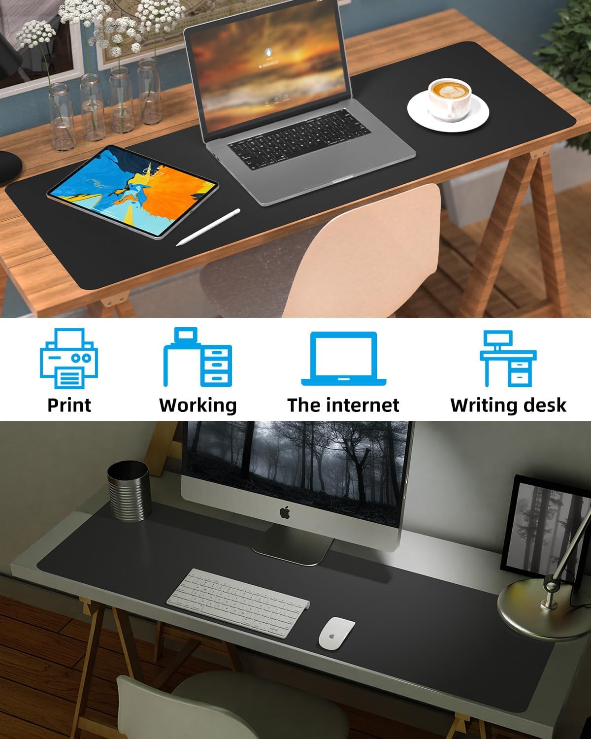 Leather Desk Pad Protector, Office Desk Mat, Large Mouse Pad, Non-Slip PU Leather Desk Blotter, Laptop Desk Pad Desk Accessories for Office and Home (Black, 40" x 17")