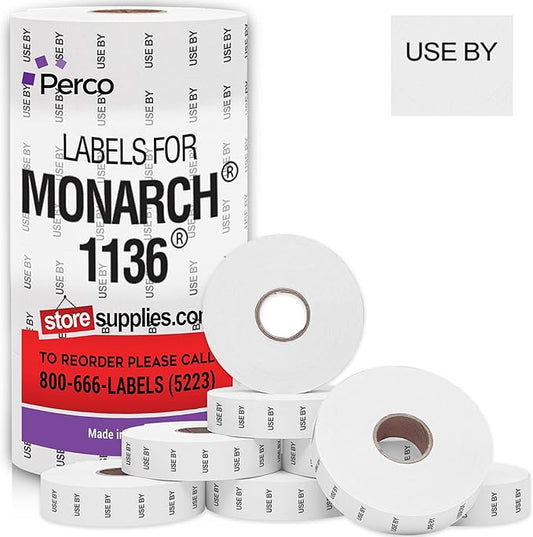 Perco USE by Labels for Monarch 1136 Price Gun - 8 Rolls, 14,000 Marking Labels - with Bonus Ink Roll Included