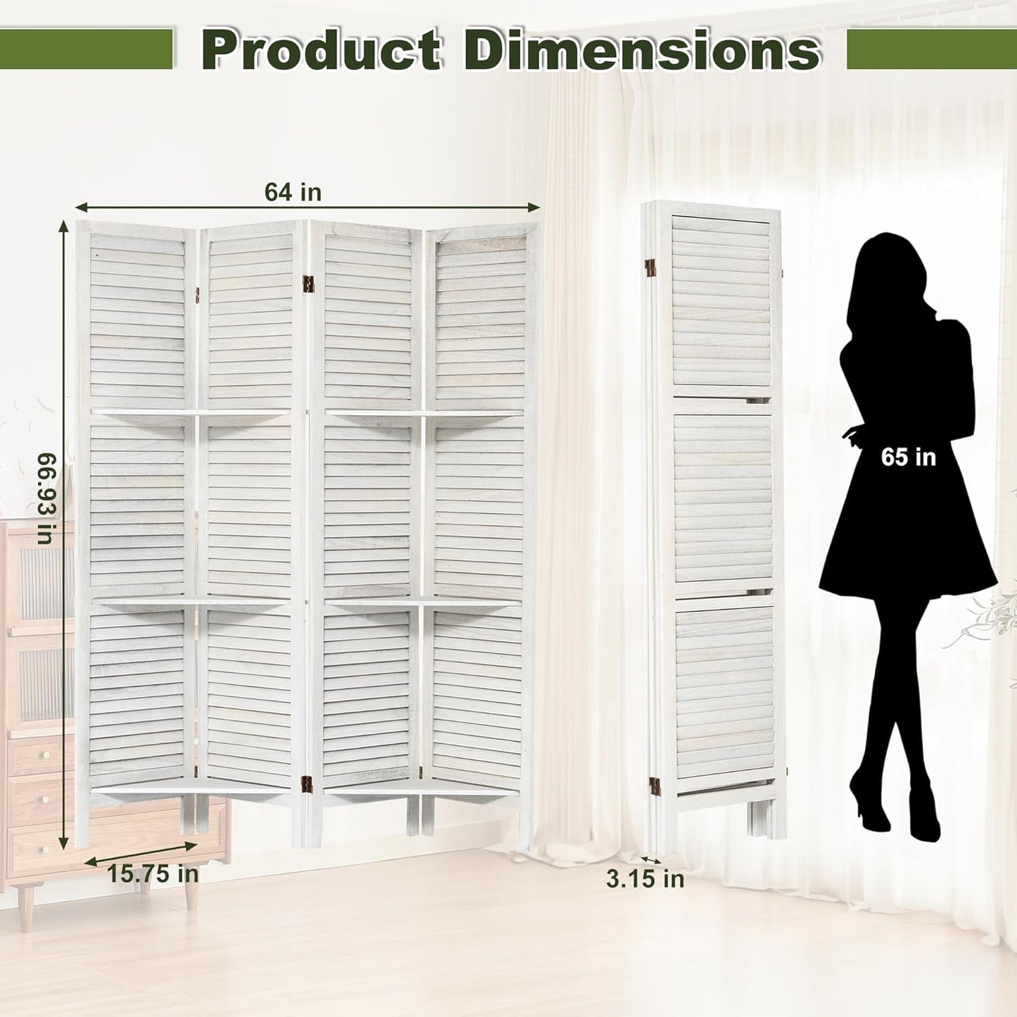 NicBex 4 Panel Room Divider 5.6FT Louvered Design Room Dividers with Display Storage Shelves Folding Privacy Screens Portable Freestanding Partition Wall Dividers for Home Bedroom Office, White