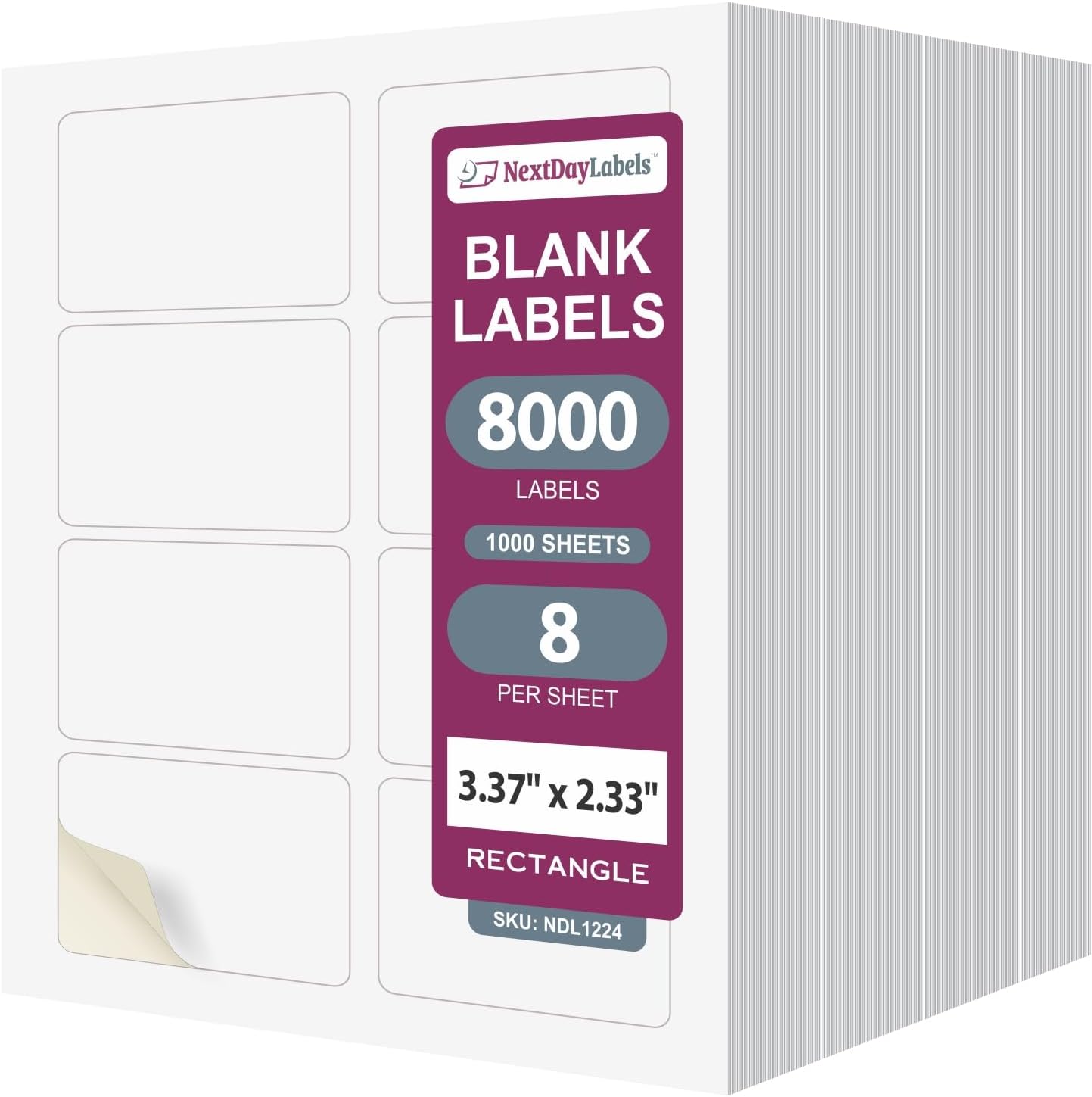 NextDayLabels – 3-3/8" x 2-1/3" Rectangular Sticker Labels for Printer - White Laser/Inkjet Printer Labels Return Address Labels Shipping Label Stickers (1000 Sheets, 8 Per Sheet, 8000 Labels)