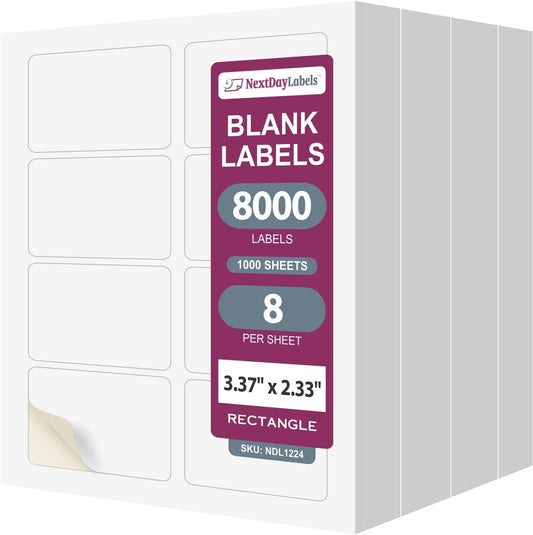 NextDayLabels – 3-3/8" x 2-1/3" Rectangular Sticker Labels for Printer - White Laser/Inkjet Printer Labels Return Address Labels Shipping Label Stickers (1000 Sheets, 8 Per Sheet, 8000 Labels)