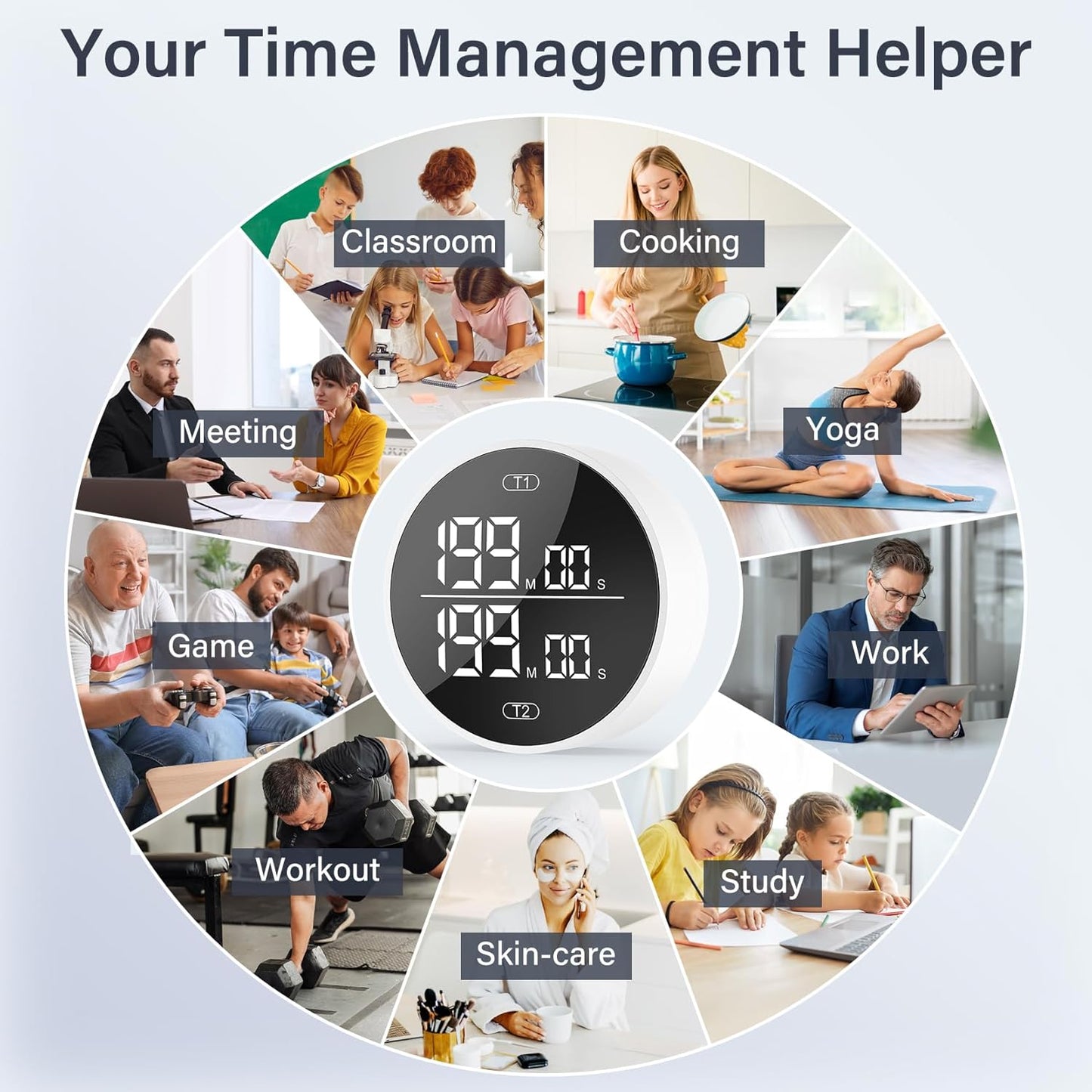 Dual Digital Kitchen Timer for Cooking, 199 Minutes Countdown & Stopwatch, Productivity Timer for Fridge, Big Digits, High-Definition Display, Rotary Adjustment, 3 Volumes, 2 Brightness Levels, White